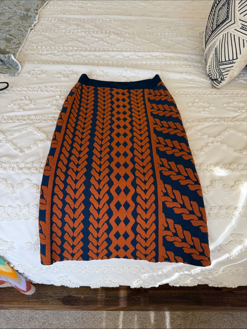 Maeve Navy and Rust Geometric Knit Pencil Skirt